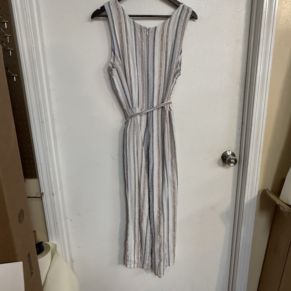 Cupio Signature Sleeveless Wide Leg Multicolor Striped Jumpsuit Size L Earthy‎